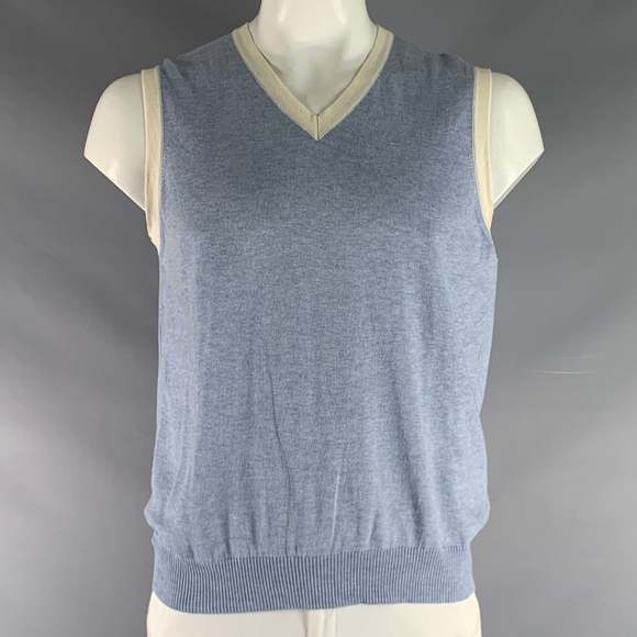ETRO Blue White Knitted Cotton Cashmere V-Neck Vest - Picture 1 of 6